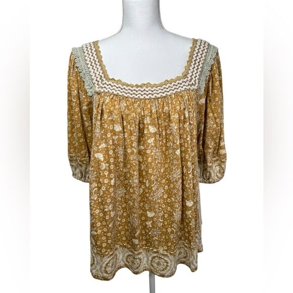 Rachel Zoe Tunic Boho Yellow Mustard Embroidery Balloon Sleeve Cotton Size L - Picture 2 of 11